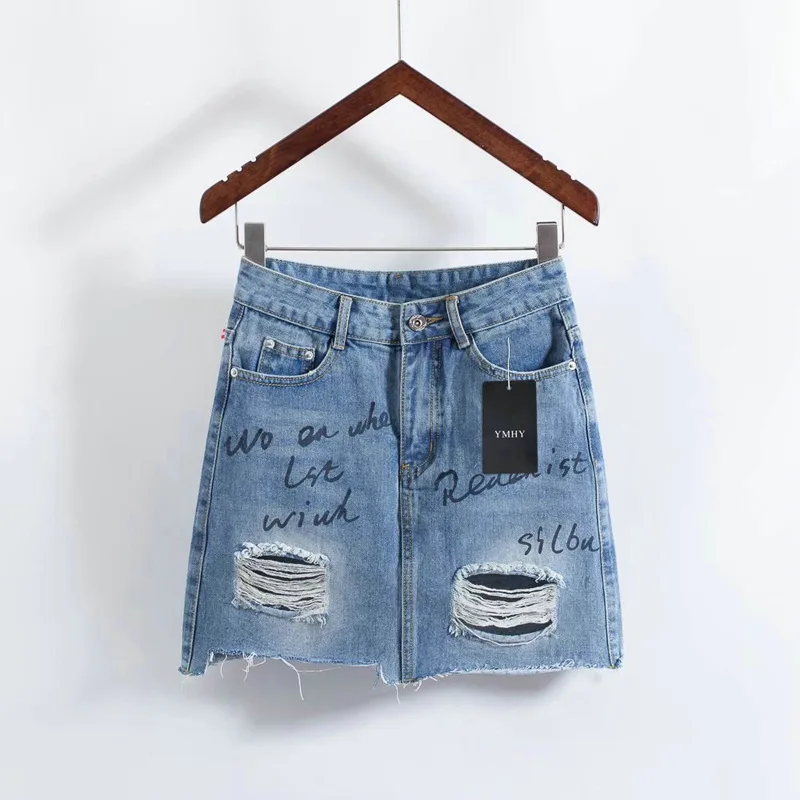 

OLGITUM 2019 Women Cowboy Hole Skirts Letter Print A-Line Skirts Mini Girl Cool Skirt SK191