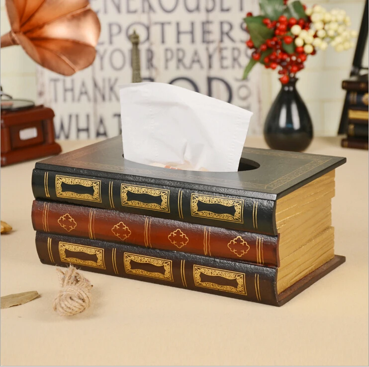 D European style retro wooden hand drawn paper box drawing paper box office bar desktop tissue box display