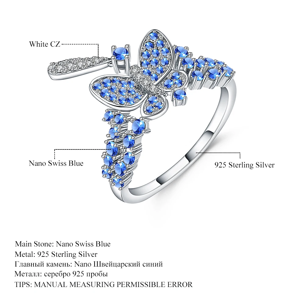 GEM'S บัลเล่ต์ Nano Swiss Blue Butterfly แหวน925เงินสเตอร์ลิง Vintage โรแมนติกงานแต่งงานแหวนสำหรับเครื่องประดับ