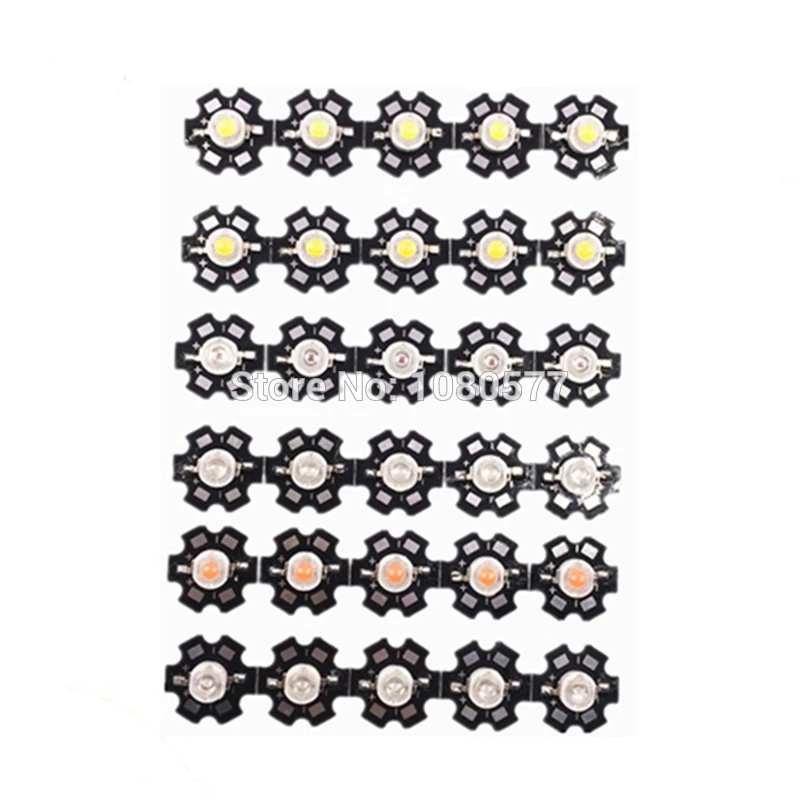 10pcs 1W 3W High Power LED Beads Full Spectrum White Warm white Green Blue Deep Red 660nm Royal blue With 20mm Black Star PCB