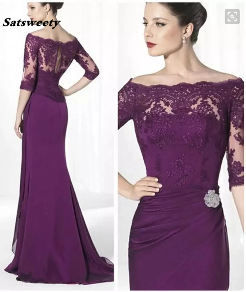 Formal Purple Lace Mother Of Bride Dresses With Sleeves Off The Shoulder Elegant Lady Sheath Long Chiffon Custom Made Party Prom