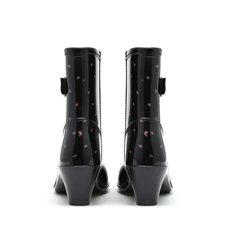 Rouroliu Women Fashion PVC Mid-calf Rain Boots Buckle High Heels Rainboots Waterproof Water Shoes Woman Wellies  ZM95