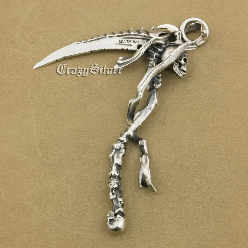 LINSION Huge Heavy 925 Sterling Silver Grim Reaper Skull Sickle Scythe Mens Biker Rock Punk Pendant TA22 BZ