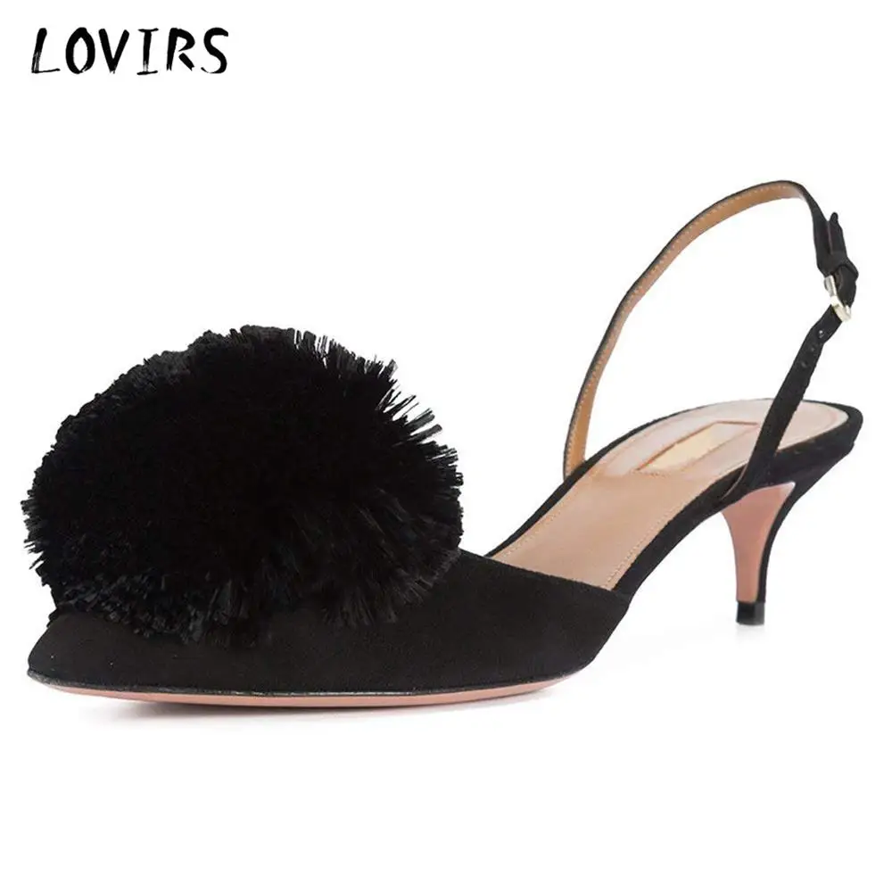 

Lovirs Pumps for Women Puff Pompom Kitten Heels Pointed Toe Slingback Pumps Low Heel Sandals Evening Party Wedding Shoes