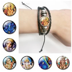 Ganesha Black Leather Bracelet Ganesh Glass Cabochon Snap Button Multi-layer Bracelet Bangle Hinduism Lord Amulet Jewelry Gift