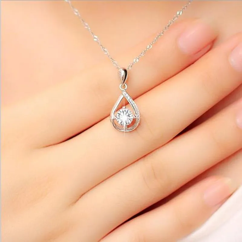 Shiny Cubic Zirconia Water-drop Pendant Necklace Women Jewelry Fashion Silver 925 Necklace For Lady Choker Accessories 