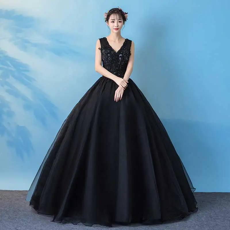 Vestidos de quinceañera negros con apliques de cuello en V, vestidos de baile de graduación, vestidos de quinceañera negros con cuentas, novedad de 2019