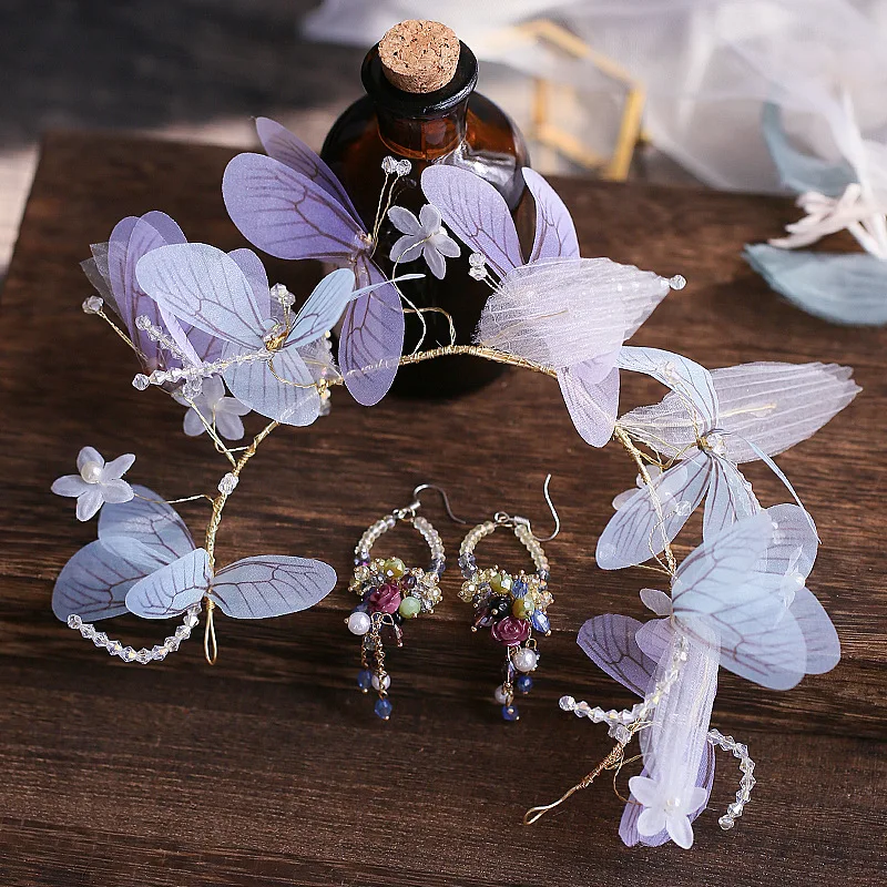 crepe butterfly Flower hairbands earrings set Bride hair Jewelry women Wedding hair Accessories