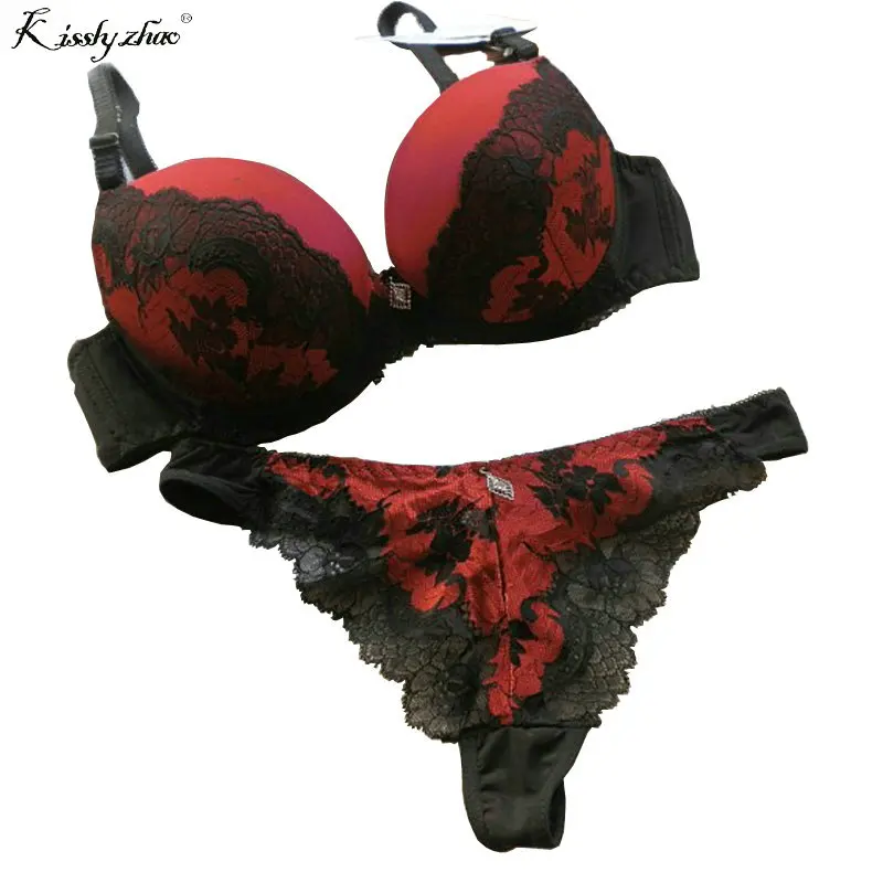 

Lace ABC thongs women bra set Sexy Black red hollow out underwear panty set lady intimates bralette Push up bra brief set