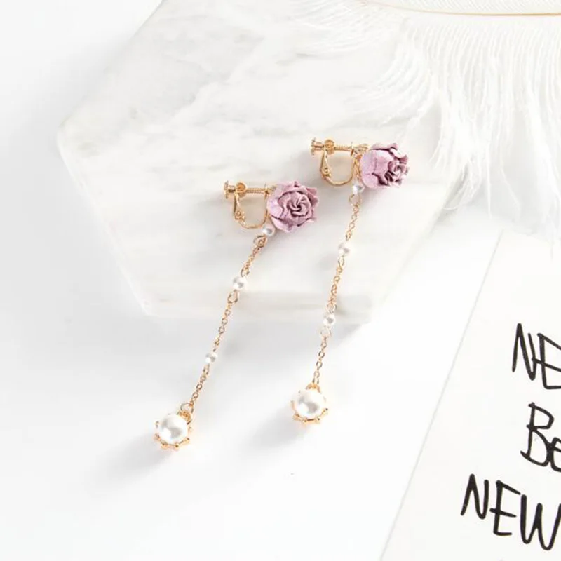 Korea Style Fashion Pearl Cloth Rose Flower Tassel Clip on Earrings No Pierced for Women Party Prom Charm Jewelry Good Gift New