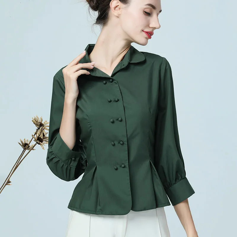 Luxury Vintage England Style Slim Women Shirt 7/10 Sleeve Turn-down Peplum Tops Elegant Mature Ladies Street Office wear Shirts