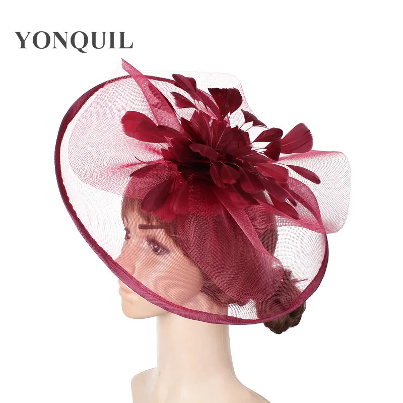 Nieuwe Mode Veer Bloem Fascinator Hoed Op Haar Clips Feest Grote Hoed Crinoline Hoofddeksels Kerk Bruiloft Haaraccessoires Syf110