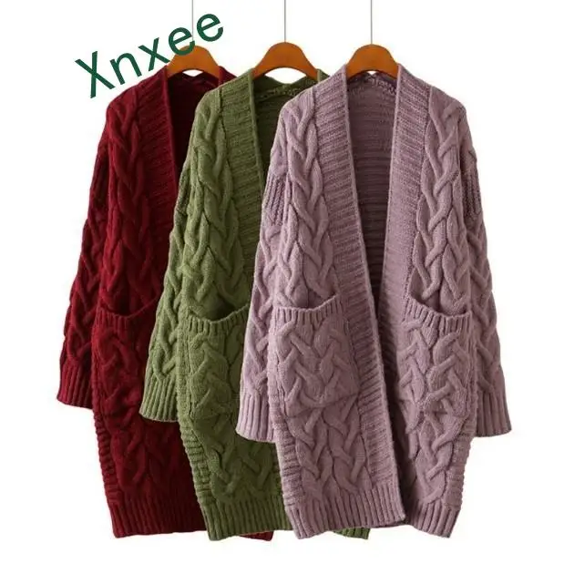

Xnxee Korean Style Cardigan Knitted Feminine Sweater Coat Jumper V Neck Long Sleeve Thick Loose with Pocket Free