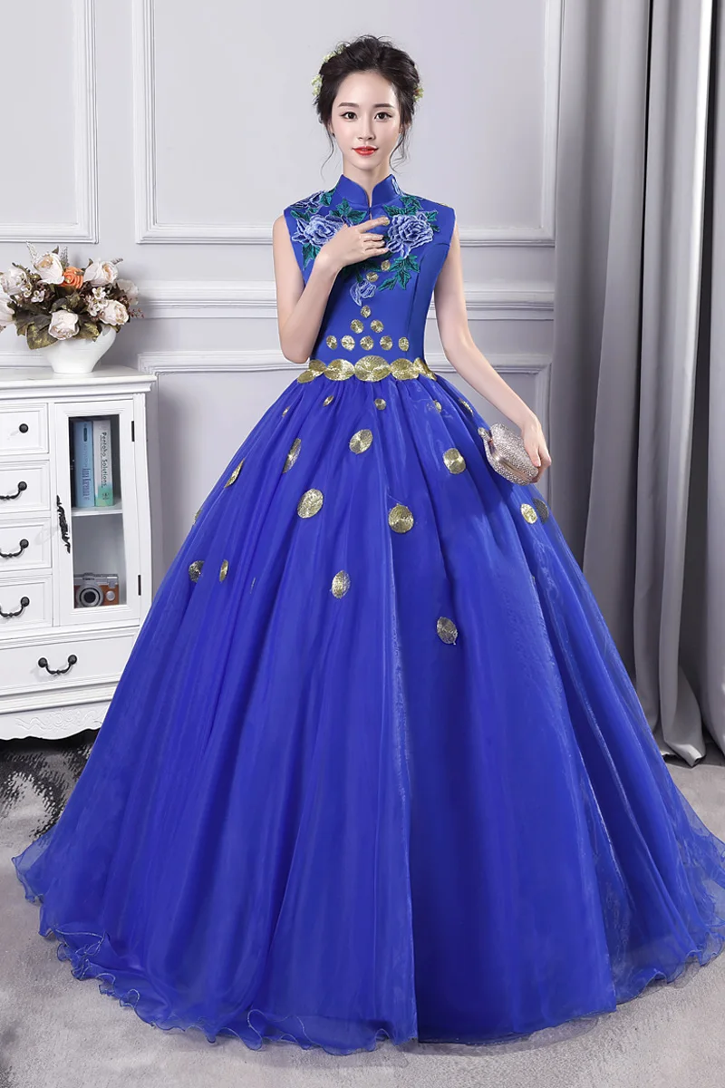 100%real embroidery royal blue ball gown stand collar medieval dress Renaissance gown Sissi princess Victorian/Marie Belle Ball