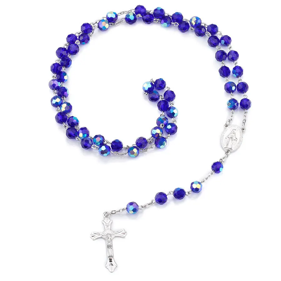 Blue Crystal Beads Rosary Necklace Jesus Christ Crucifix Cross Pendant  Long Necklaces for Religious Christians Mother Gift