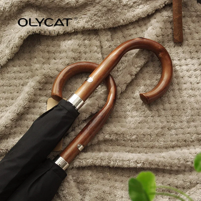 OLYCAT-Long Rain Umbrella with Wooden Handle, Windproof, 10Ribs, Glass Fiber, Men and Women, Business, New Arrival, 300T