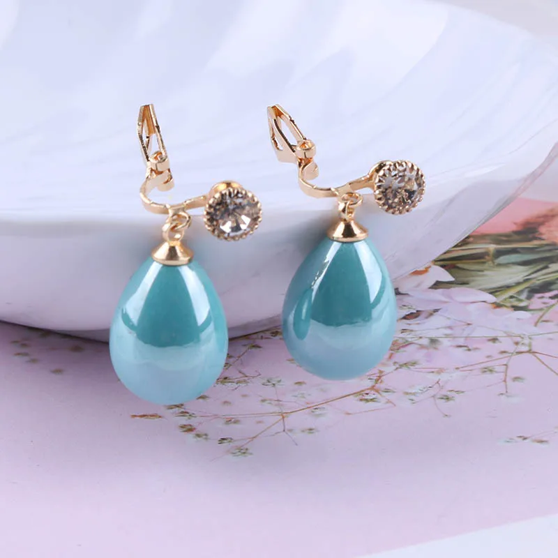 Luxury High Light Spring Colour Resin Waterdrop Clip on Earrings for Women Girl Party Without Pierced Favorite Fashion Jewelry