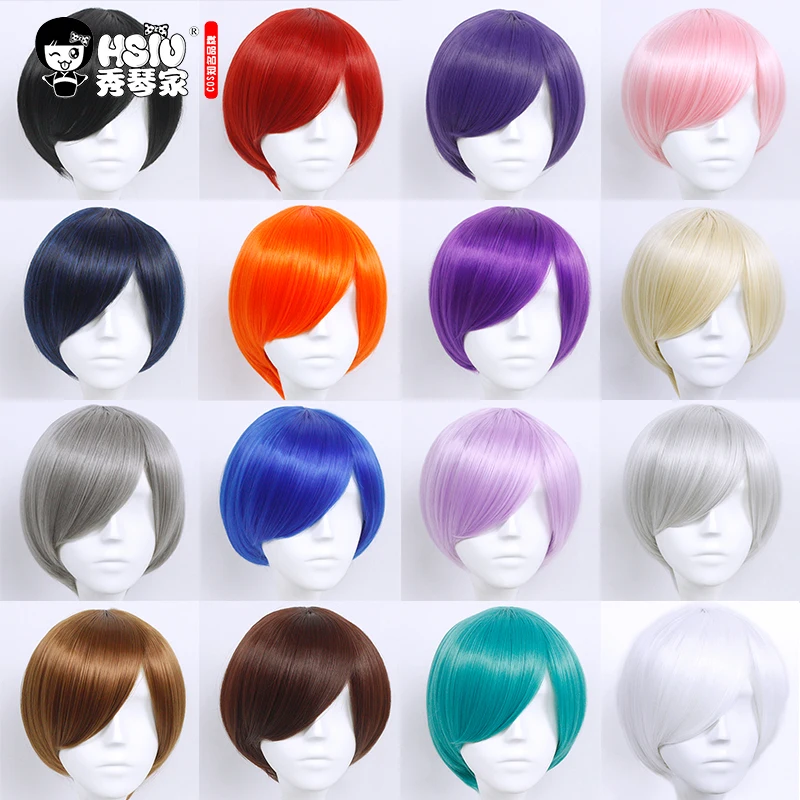 HSIU 30cm short Wig Black white purple blue red yellow high temperature fiber Synthetic Wigs Costume Party Cosplay Wig 20 color