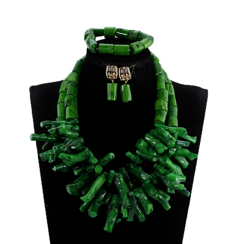 Real Coral Beads Green Chunky Beads Statement Necklace Set African Nigerian Wedding Coral Beads Jewelry Set Baroque Style ABH787