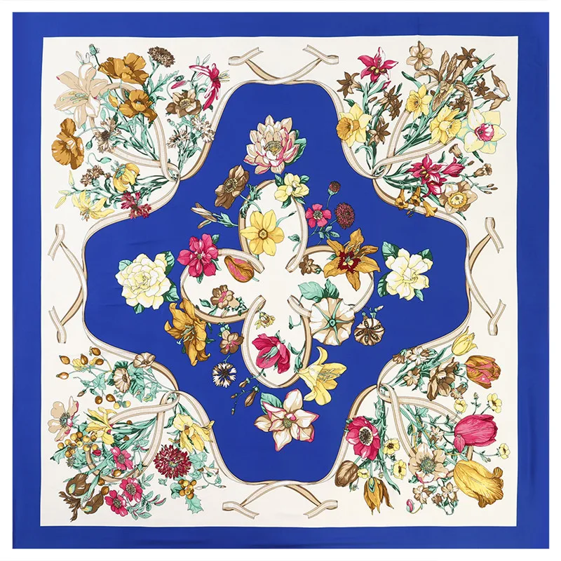 POBING Silk Scarf Women Large Shawls Flowers Print Stoles Square Bandana Luxury Kerchief Scarf Female Foulards 130CM