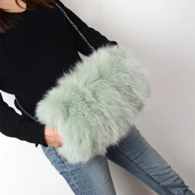 women shoulder bag of real fox fur women feather handbags ladies feather vintage fur bag 2018 new design luxury gray green G18