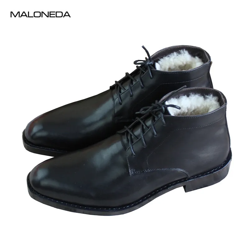 MALONEDE Bespoke Handmade Goodyear Winter Genuine Leather Woolen Keep Warm Short Boots Wear in Cold Weather