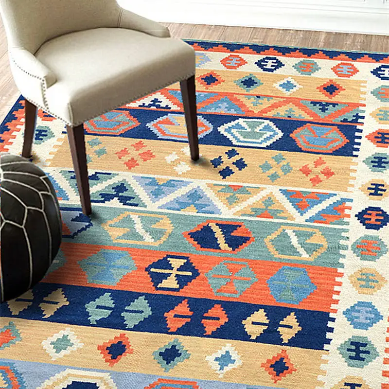 Nordic Geometric Ethnic Style European Handmade Wool Kilim Living Room, Bedroom, Tea Table and Carpet Washable by Hand