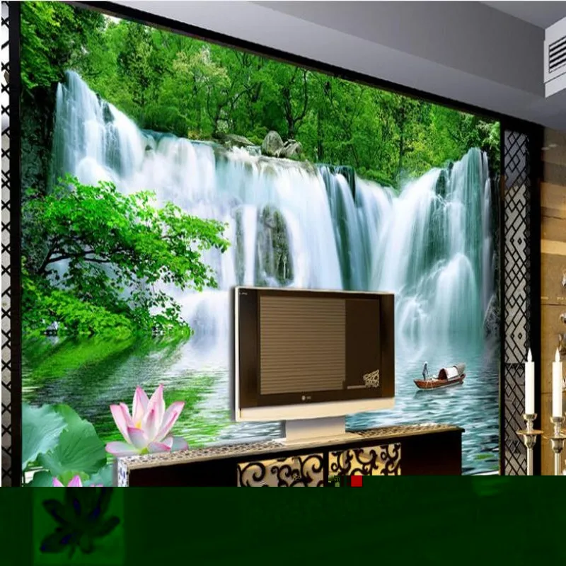 wellyu Custom large frescoes green tree waterfalls lotus stream water fishing boat water health financial  wallpaper