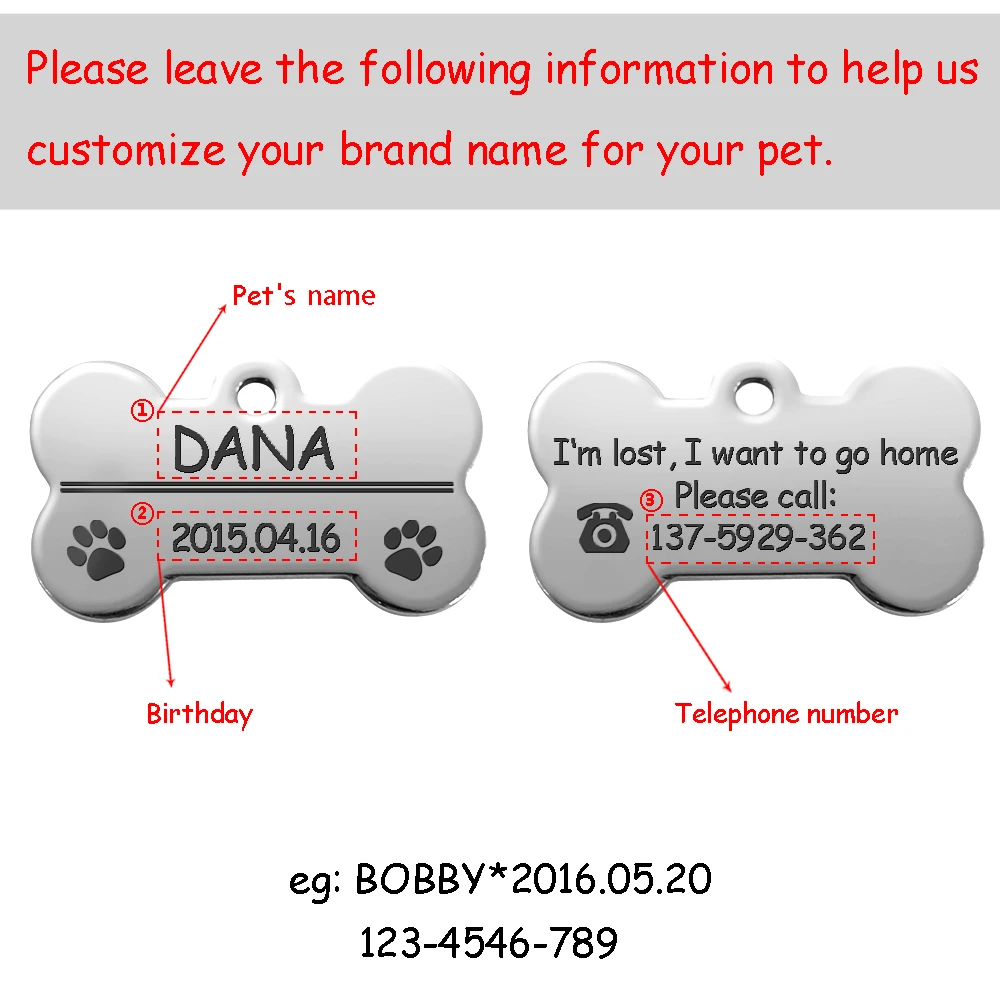 Personalized Dog Tags Engraved Cat Puppy Pet ID Name Collar Tag Pendant Pet Accessories Bone/Paw Glitter