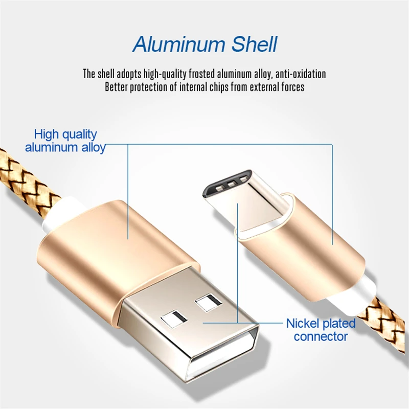 USB Type C Cable 1m 2m Long For Huawei P20 Lite Samsung Galaxy Note 8 9 A3 A5 A7 2017 S8 S10 USB-C USBC Charger Cord Data Cable