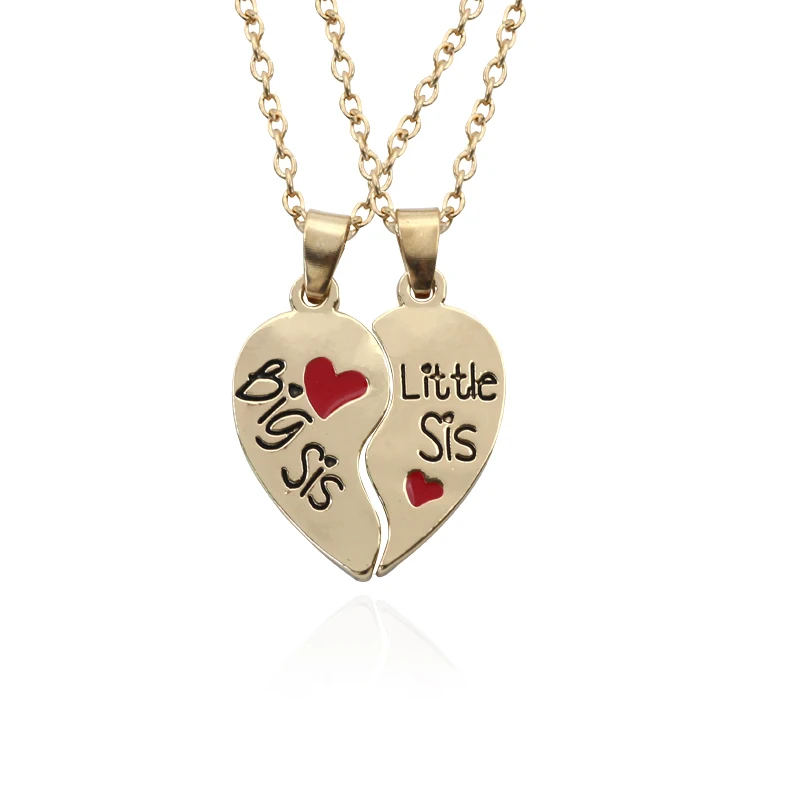 2 PC/Set  Big Sis Lil Sis Big Sister Little Sister Alloy Pendant Necklaces Red Heart Stitching Good Sisters Necklace For Women image 2