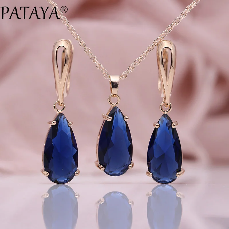 PATAYA New Blue Water Drop Earrings Pendants Necklaces Sets 585 Rose Gold Color Natural Zircon For Women Fashion Jewelry Set