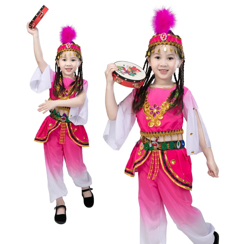 Sinkiang dance costume for girls music dance festival clothing rose girls dance wear for new year kindergarten perfprmance