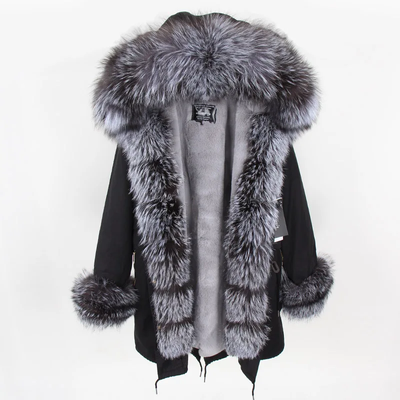 Maomaokong  Winter Women Natural fox fur coats Real Fur Long Black Jacket  Cotton thick warm  parkas Faux fur lining