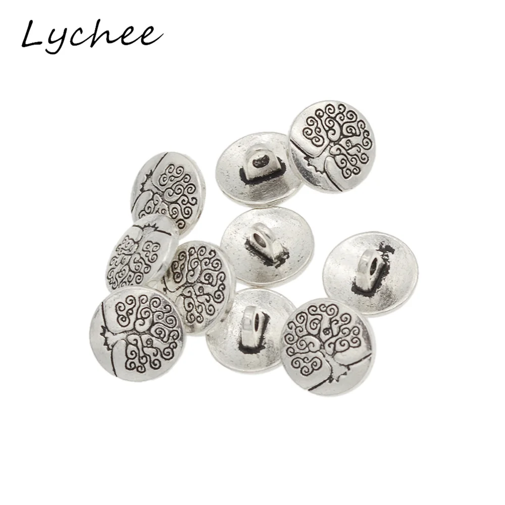 Lychee 10pcs Antique Silver Metal Tree Of Life Carving Shank Buttons For DIY Craft Needlework Sewing Clothes Jeans