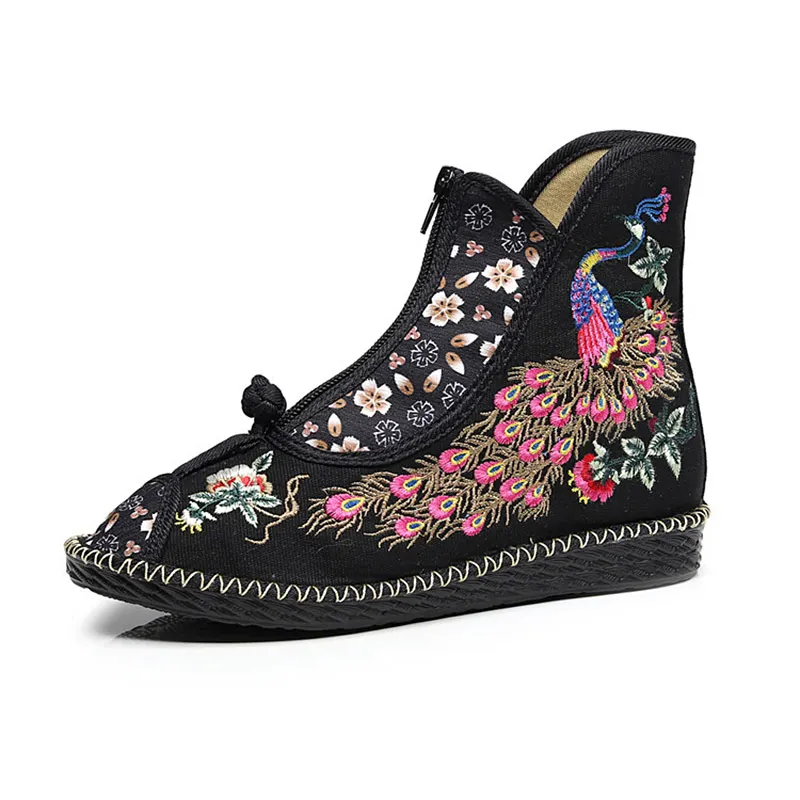 Veowalk Peacock Embroidered Women Canvas Flat Short Boots, Vintage Chinese Embroidery Cotton Booties Ladies Shoes Front Zippers