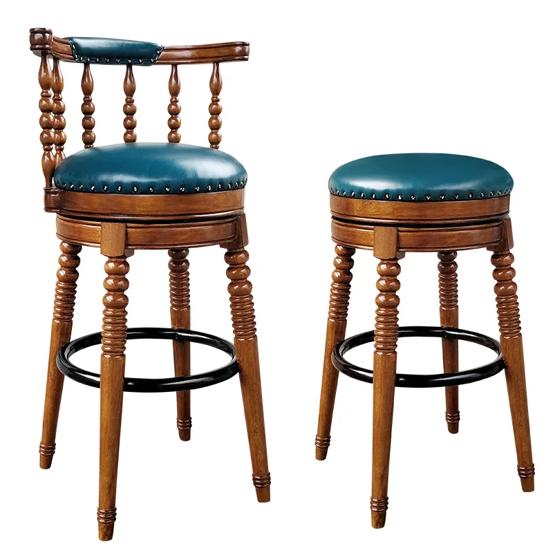 

Home European Style Solid Wood Bar Stool, American Retro High Bar Chair