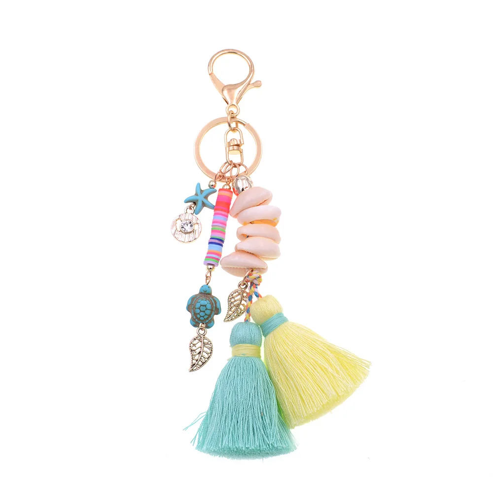 WELLMORE BOHO style keychain shandmade shell with long tassel alloy Key Chain For Women Girl Bag Keychain