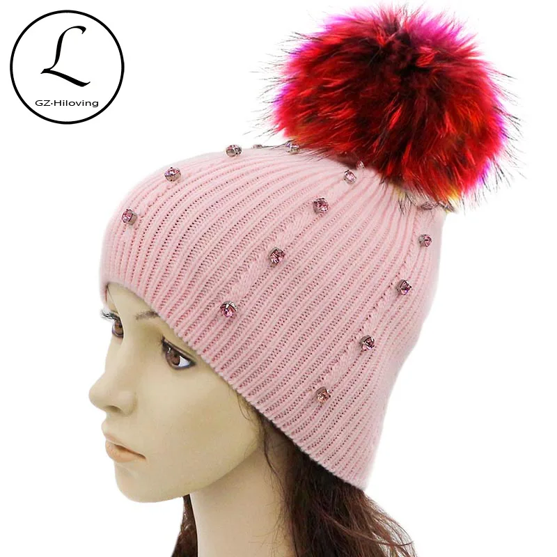 GZHILOVINGL 2017 Winter Beanies Ladies Knitted Wool Warm Hats Pom Pom Real Raccoon Fur Caps Skullies Hat For Women Print Fur Cap