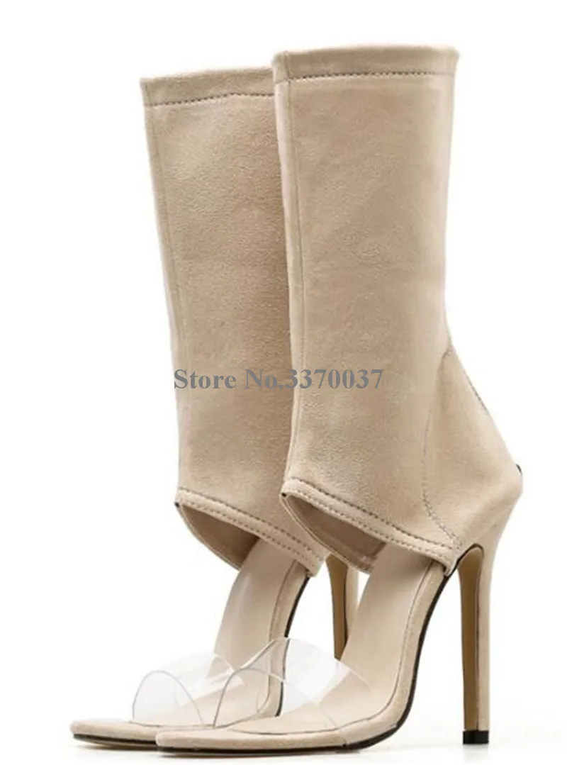 Hot Selling Women Fashion Open Toe Bandage Suede Leather Thin Heel Gladiator Boots One PVC Transparent Ankle Wrap High Heel Boot