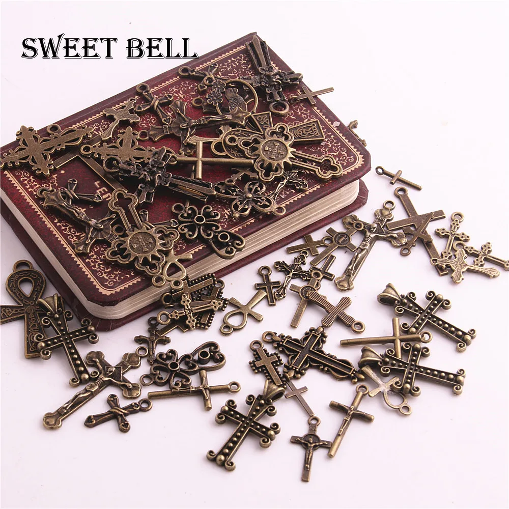 SWEET BELL 60Pcs Vintage Metal Mixed Cross Charm for Jewelry Making DIY Handmade DIY Handmade Craft Cross Pendant Charm H3022