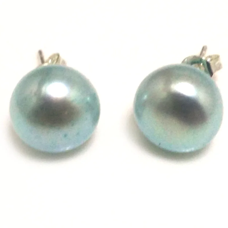 11-12mm Light Blue Natural Cultured Freshwater Button Pearl 925 Sterling Silver Earring