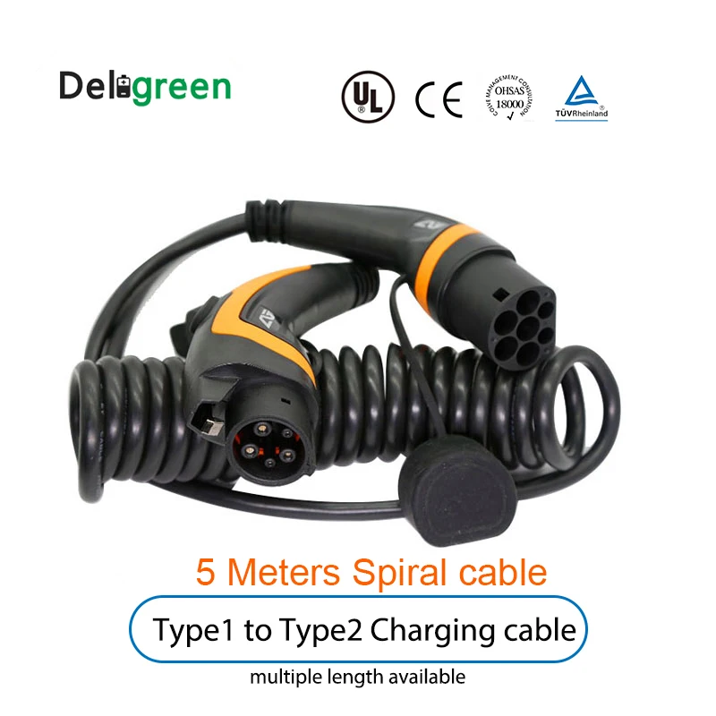 

J1772 Type 1 to Type 2 IEC62196 16A 32A for EV Charging station With Spiral Cable 5 Meter TUV/UL Single phase