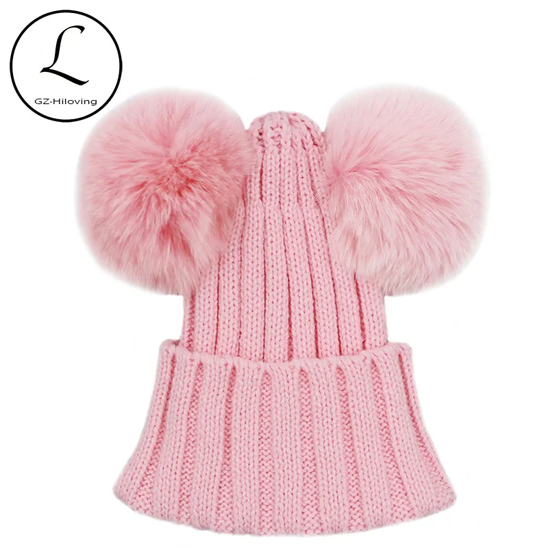 

GZHILOVINGL Real Fox Fur Pompom Hat Kids Winter Caps Knitted Hats Two Pom Poms Skullies Beanies Bonnet Girls Boys Animal Ear Cap