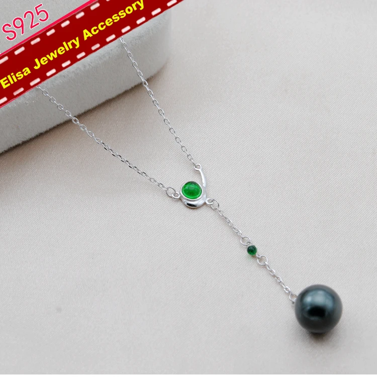 

DIY Pearl Pendant Necklace Accessory S925 Sterling Silver With Green Agate Pendant Chain Jewelry Findings 3Pieces/Lot