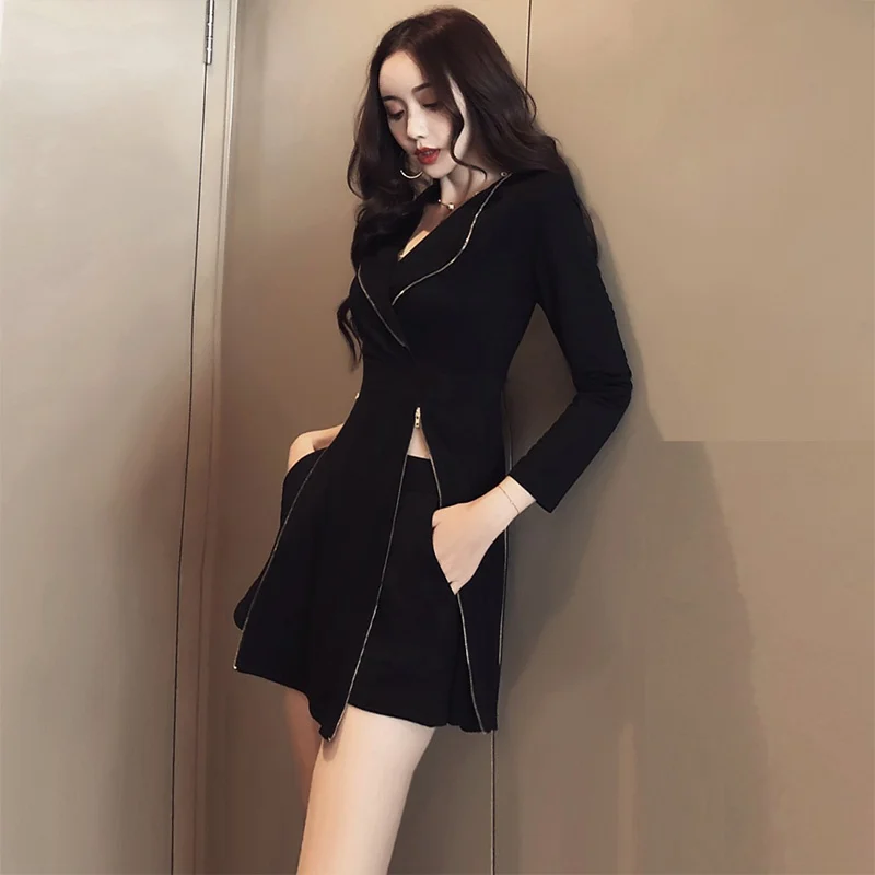 Fall Two Piece Women Outfits Long Sleeve Black Zipper Sexy Womens Long Jacket Trouser Suit 2 Piece Sets Womens Outfits DD1901