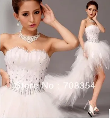 Hot ~~ abito da sposa Hi-Lo in piuma ~~ abito da sposa in piuma da sposa stile corto e posteriore anteriore 633