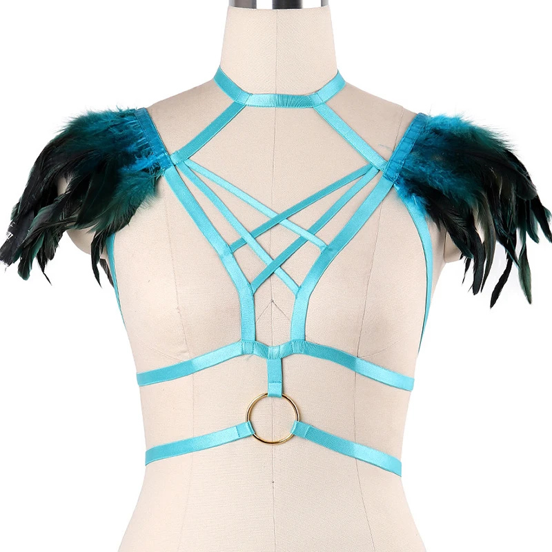 

BODY CAGE Womens Body Harness Bondage Crop Tops Goth Apparel Lingerie Bright Feather Epaulettes Shoulder Angel Wings BurningMan