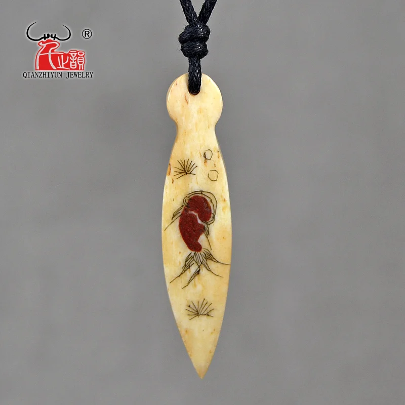 GX092 Hot Sale Yak bone fangs pendant necklaces women necklace Vintage yellow necklace handmade carved goldfish jewelry