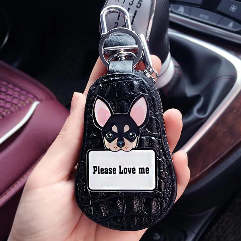 Chaveiro bonito dos cães chaveiro poodle bulldog bolsa encantos pacote chave do carro chaveiro de couro das mulheres capas de chaveiro com zíper